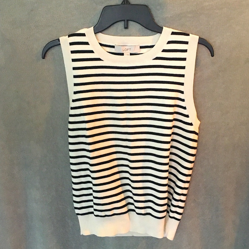 LOFT Black and White Striped Sleeveless Crewneck Sweater